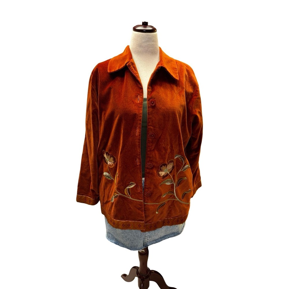 Jessica Holbrook Jacket Women Orange Velvet Floral Embroidered Button Up Size M - Picture 6 of 10